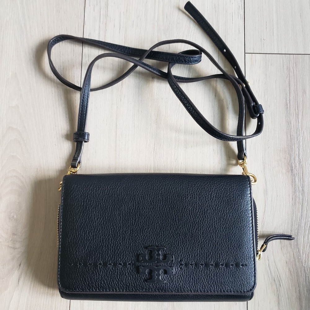 Tory Burch McGraw Wallet Crossbody Bag Leather Black Mini Purse